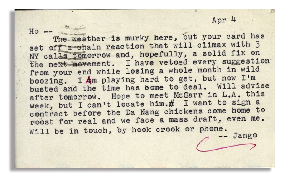 Hunter S. Thompson Letter From 1966 With Vietnam War Content -- ''...I want to sign a contract before the Da Nang chickens come home to roost for real and we face a mass draft, even me...''